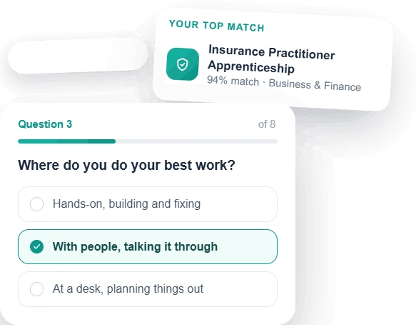 Apprenticeship quiz question screen showing a match result for Insurance Practitioner Apprenticeship