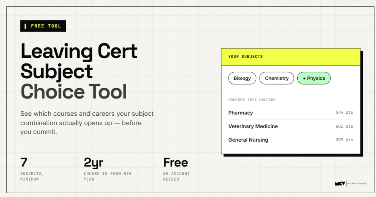 Leaving Cert subject choice tool showing subject options and the courses each one leads to
