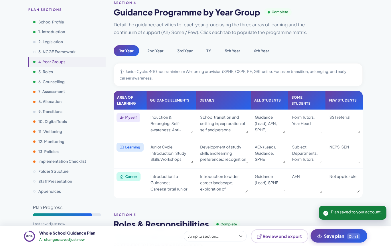 The year-group programme matrix with All, Some and A Few columns
